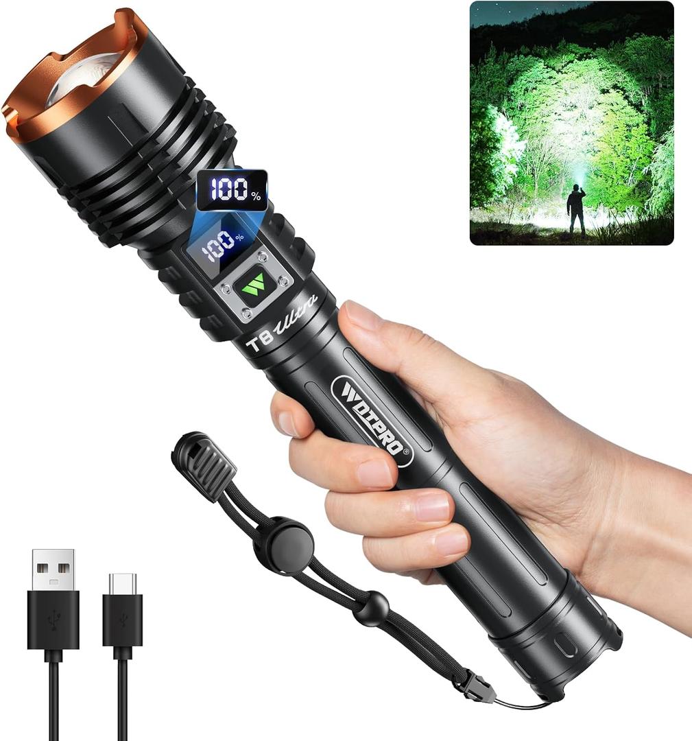 WdtPro Rechargeable LED Flashlights High Lumens, Super Bright 90000LM Rechargeable Flashlight with LCD Display, 5 Modes & Waterproof Powerful 10000mAh Handheld Flashlight for Camping Emergency (Dark Gray)