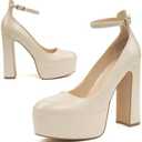 JENN ARDOR Platform Heels for Women Chunky Heel Closed Toe High Heels Block Heel Ankle Strap 9, Nude/Pu