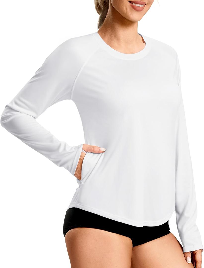 Women's UPF50+ Sun Protection Shirts with Zip Pocket Long Sleeve Workout Tops for Swimming Hiking Quick Dry Rash Guard (White)