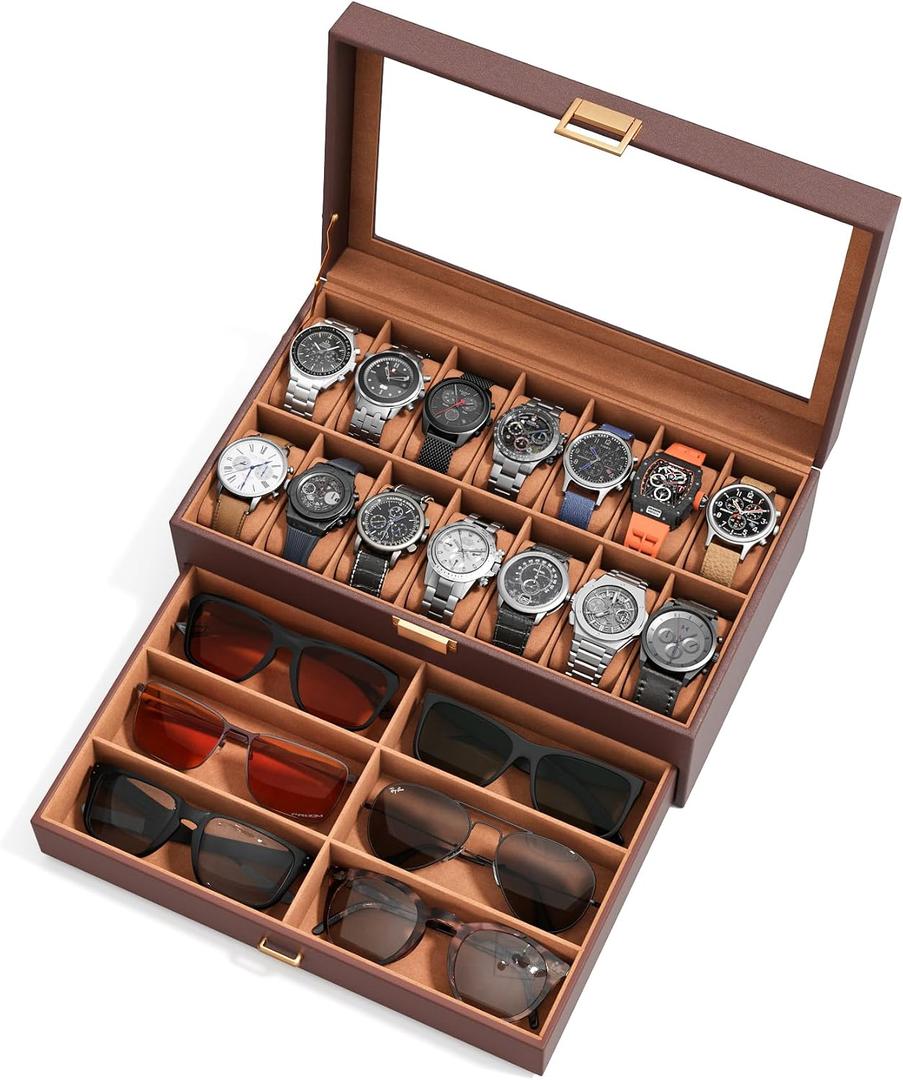 Watch Case Box for Men 14 Slots Watch Display Organizer with 6-Compartment Eyeglasses Storage, Real Glass Lid 2-Layer PU Leather Collection Holder Gift for Loved Ones Brown