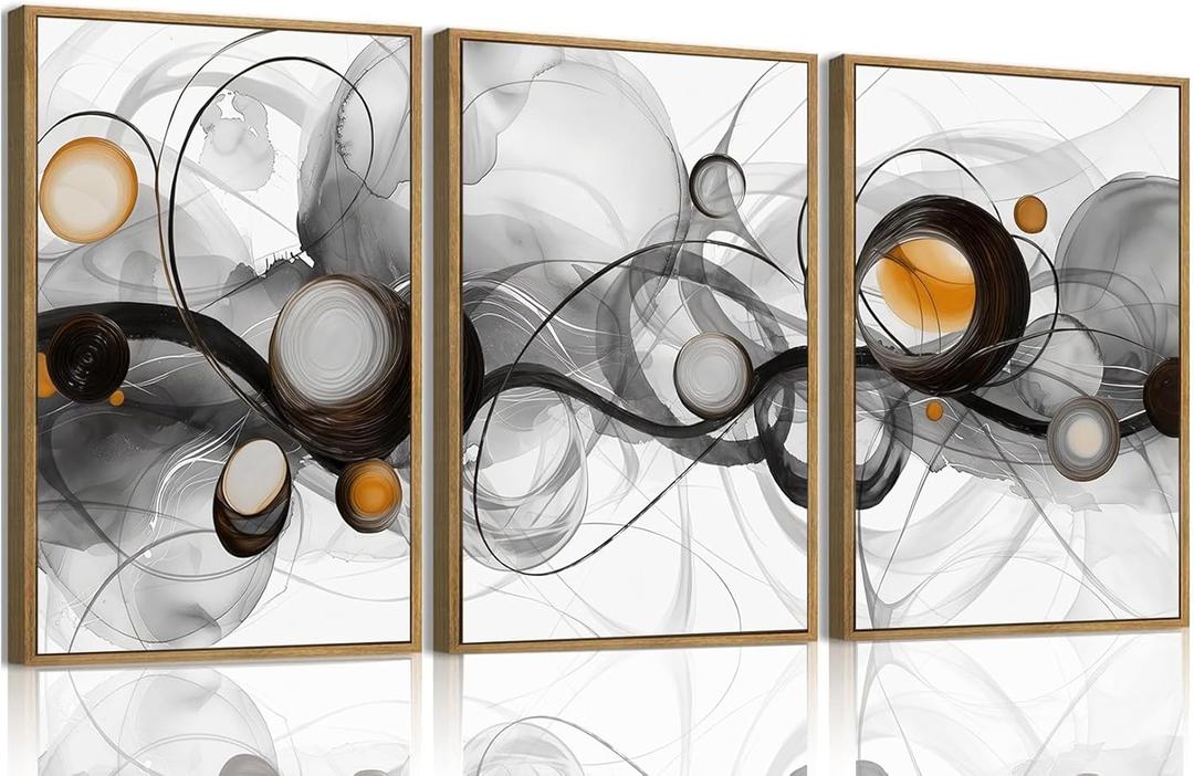 OIQArtOIQ 3 Piece Large Abstract Canvas Wall Art For Living Room Grey and Gold Framed Wall Art Fluid Lines Minimalist Modern Aesthetic Art Prints Artwork For Bedroom Office Dining Room 24x36 in (Black Circle)