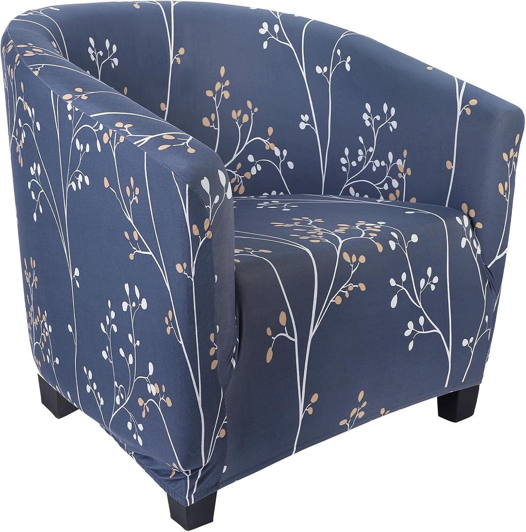 SearchI Club Chair Slipcover Stretch Barrel Chair Covers Printed Tub Chair Slipcovers Spandex Armchair Sofa Cover Removable Couch Furniture Protector Arm Chair Cover for Living Room(Grey Blue+Leaves)