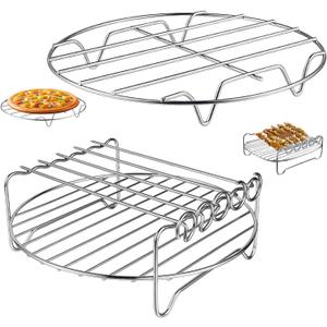 Air Fryer Rack for Air Fryer Oven, Set of 2 Multi-purpose Accessories Metal Double Layer Wire Rack with Skewer for Ninja, Power XL, Cosori, Instant Pot, Gourmia, Chefman, Dishwasher Safe