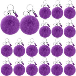 Nosiny 20 Pcs Cheer Faux Pom Pom Keychains Cheer Team Keychains Gifts Bulk Cheerleading Keyring Charm with Tassel for Cheer Team Sport Accessory, (Purple)