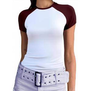 Abardsion Trendy Baby Tees for Women Y2K Shirts Cute Short Sleeve Crewneck Slim Fit Going Out Tops (X-Large, White & Burgundy-sleeve)