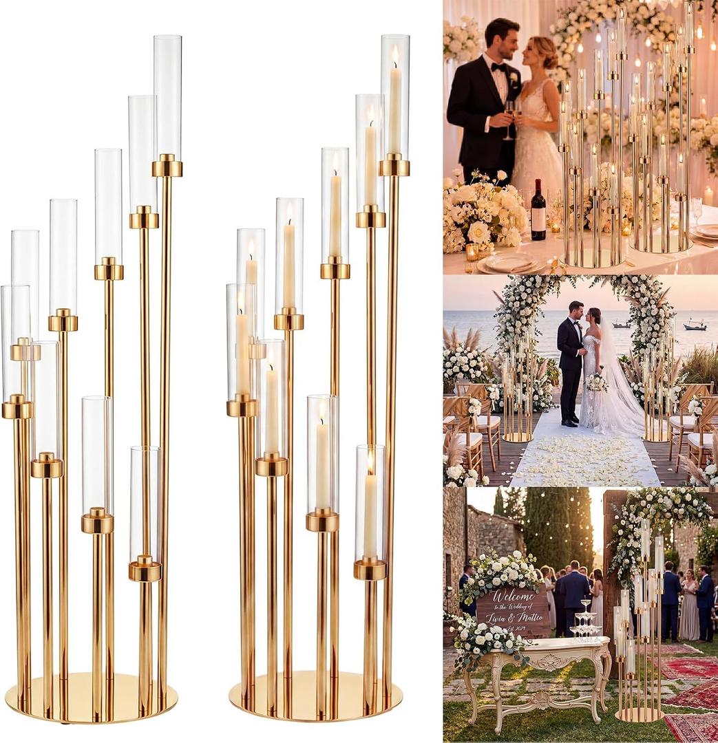 Mumufy Extra High 50'' Floor Candelabra Gold Candle Holders Tall Floor Candle Holder with Acrylic Lampshade for Wedding Table Birthday Party Home Decoration Fit LED Candles (2 Pcs,9 Arm)
