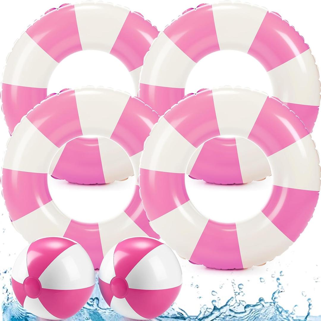 4 Pcs 35 Inch Jumbo Striped Inflatable Pool Floats with 2 pcs Beach Ball for Adults Swimming Pool Tubes for Summer Swimming Beach Party