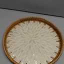 i-lan 12" Round Mother of Pearl Inlay Rattan Display, Rattan Coffee Bread Serving Tray with Mother of Pear Inlay Wooden Base,Decorative Wicker Basket for Table Decor,Storage of Fruit,Candy