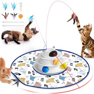 Interactive Cat Toy: 5 in 1 Automatic Cat Toy for Indoor Cats, Rechargeable Hide and Seek Toy with PVC Cover, Battery Operated Kitten Laser Toy, Self Play Fluttering Feather Wand with Track Ball (White + 4 Feathers + 3 Poles)