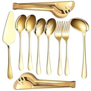 NEXNEOM Serving Utensils Set 10 Pcs - Stainless Steel Gold Serving Utensils with Stunning Mirror-Finish - Lightweight, Rust-Resistant & Easy Maintenance - Ideal Serving Spoons for Parties & Wedding