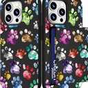 IWONE Compatible with iPhone 14 Promax Case Cute with Card Holder Slim Phone Pro Max Wallet Cover for Women/Colorful Doodle Paws Dog Craws Footprints Animal Watercolor