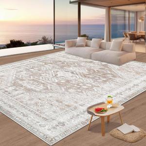 Zomfy Area Rug Vintage 9'x12' Living Room Rugs: Large Washable Rug, Traditional Medallion Rug, Non Slip Boho Carpet for Bedroom Dining Table Kitchen Home Office(Beige, 9'x12')