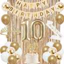 Trgowaul 10th Birthday Decorations for Girls, Banner, Sash and Crown, Cake Topper, 10 Number Balloon, Fringe Curtains, Champagne Gold 10th Birthday Party Supplies