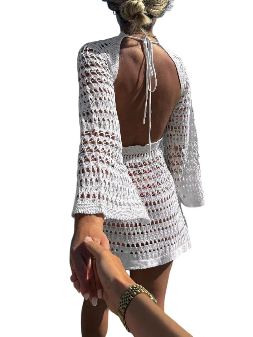 SISKIN Women Crochet Beach Cover Up Swimsuit Coverup Backless Swim Cover Up Dress for Beach Vacation White L (White, L)