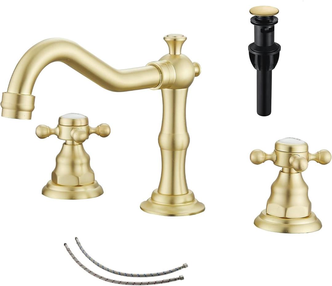 GGStudy Brushed Gold Bathroom Faucet 2 Handles 3 Holes Widespread Bathroom Sink Facuet Washingroom Faucet Mixer Tap wiith Pop Up Drain
