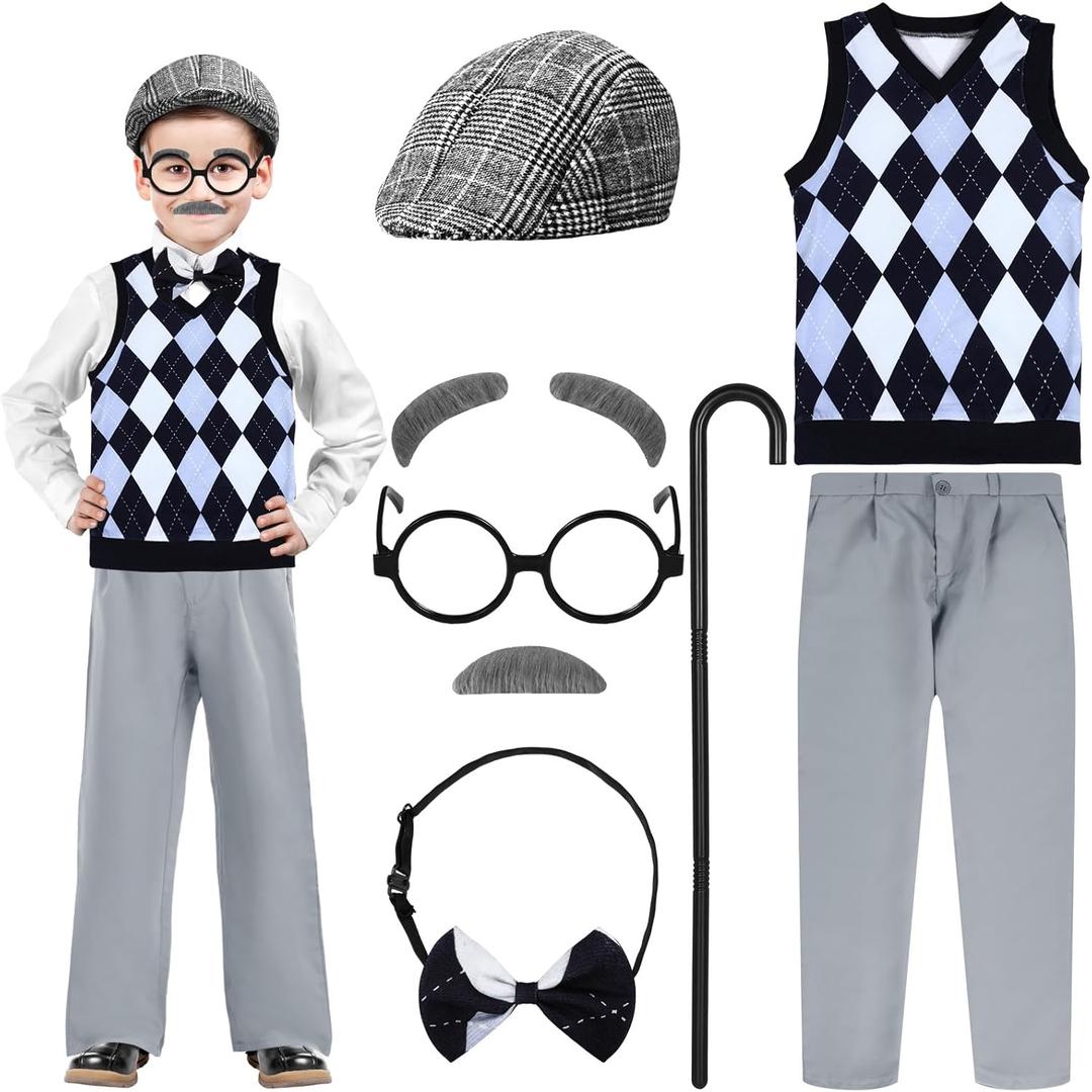 Liitrsh 8 Pcs Old Man Costume for Kids Grandpa Costume 100 Days of School Halloween Vest and Pants for Boys (5-7 Years, Blue Grey Plaid)