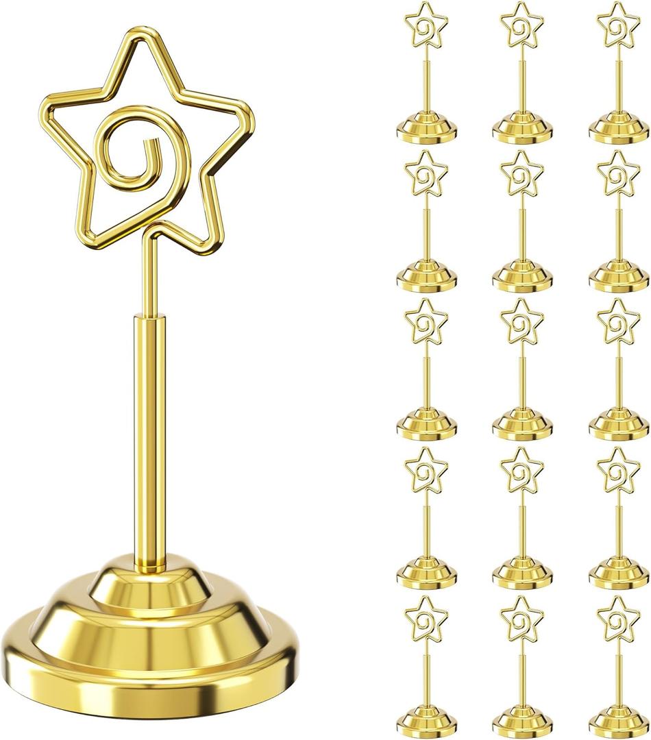 Urban Deco 16 Pieces Table Card Holder Place Card Holders 4 inches Steel Card Holders for Photos, Food Signs, Memo Notes, Weddings, Restaurants, Birthdays (Gold Pentagram)