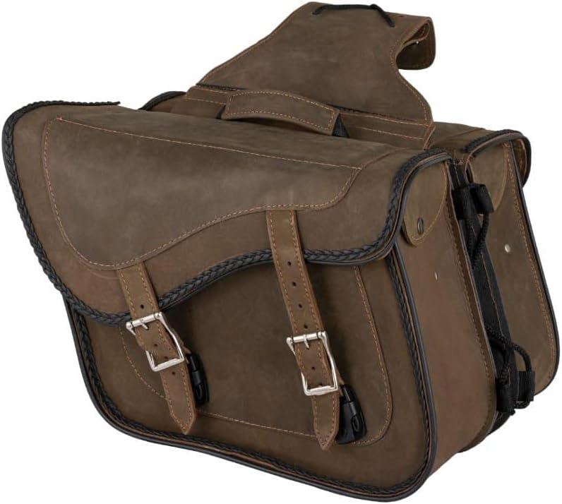Motorcycle 2 pc Distressed Vintage Brown Zip Off 2 Strap Braided Real Leather Sadddlebag Stud/Non Stud (Distressed Brown, Non Stud), 4065
