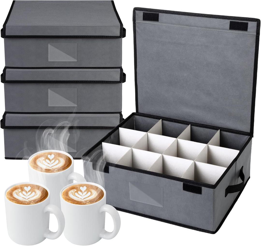 Suzile 4-piece Stemware Storage Case Set Wine Glass Storage Box with Dividers, Lid and Handle, Includes 48 Protective Films, China Storage Containers for Glassware Protection (Mug Storage)
