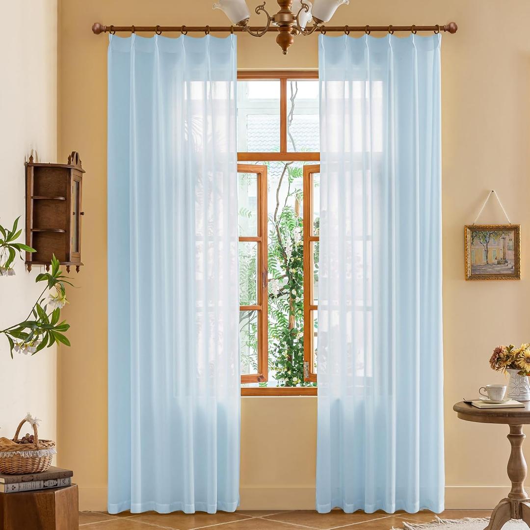Light Blue Sheer Pleated Curtains 84 Inch Length for Kids Room Soft Touch Airy Breathable Tree Branch Textured Light Filter Pinch Pleat Drapes with Adjustable Hooks, Sky Blue, 42"W x 84"L, 2 Panels