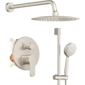 Gabrylly Shower System, Slide Bar Shower Faucet Set with High Pressure 10" Rain Shower Head and 5-Setting Handheld Spray, 2-Way Shower Valve Kit, Brushed Nickel