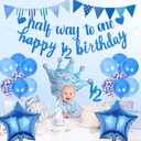 Half Way To One Banner - 20 Pcs Blue 6 Months Birthday Decorations Including Happy 1/2 Birthday Banner Cake Topper Star Foil Balloon Latex Balloons for Baby Shower Baby Boys Party Supplies