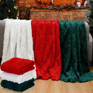 Tudomro 3 Pack Christmas Throw Blankets 50 x 60, 3D Embroidered Snowflake Plush Fleece Blankets, Red White Green Warm Soft Cozy Throw Set for Winter Couch Sofa Bed Decor, Holiday Xmas Gift