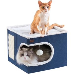 Cat Bed for Indoor Cats Cube House, Covered Cat Cave Beds & Furniture with Scratch Pad and Hideaway Tent, Cute Modern Cat Condo for Multi Small Pet Large Kitten Kitty, Navy (16.5"D x 16.5"W x 13"H)