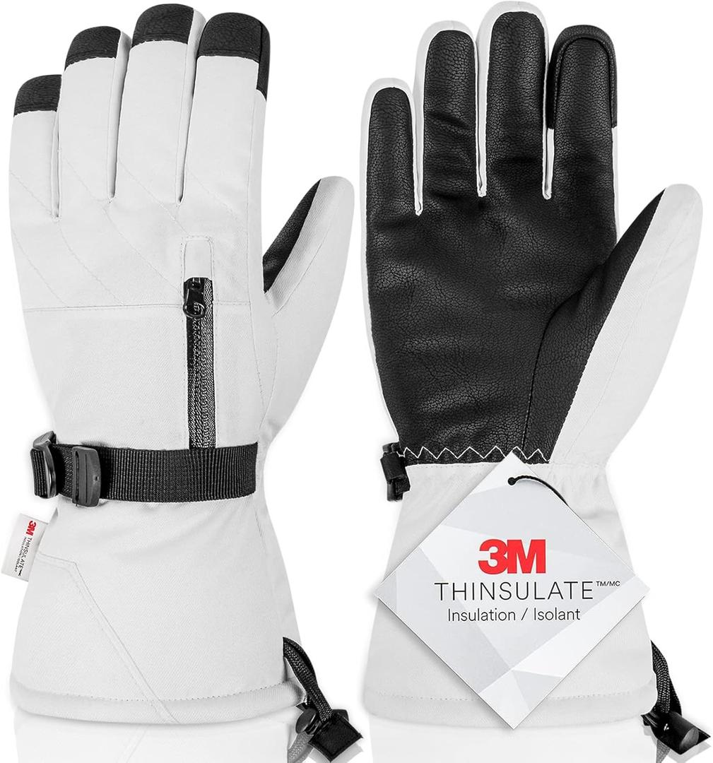 Unisex Waterproof Touchscreen Ski Gloves for Men Women, 3M Thinsulate Winter Snow Gloves with Pocket (Medium, White)