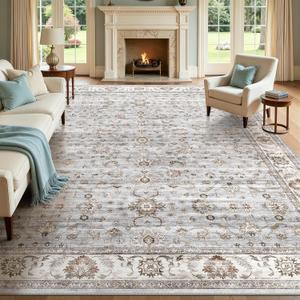 Washable Area Rug 10x14 Non-Slip Floral Carpet, Gray/Light Blue