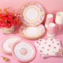 Whaline Pink Tea Party Tableware Supplies Serves 24 Pink Floral Tea Party Disposable Paper Dinnerware, 24 9" Plates 24 7" Saucer Plate 24 9oz Tea Cups with Handle 48 Luncheon Napkins