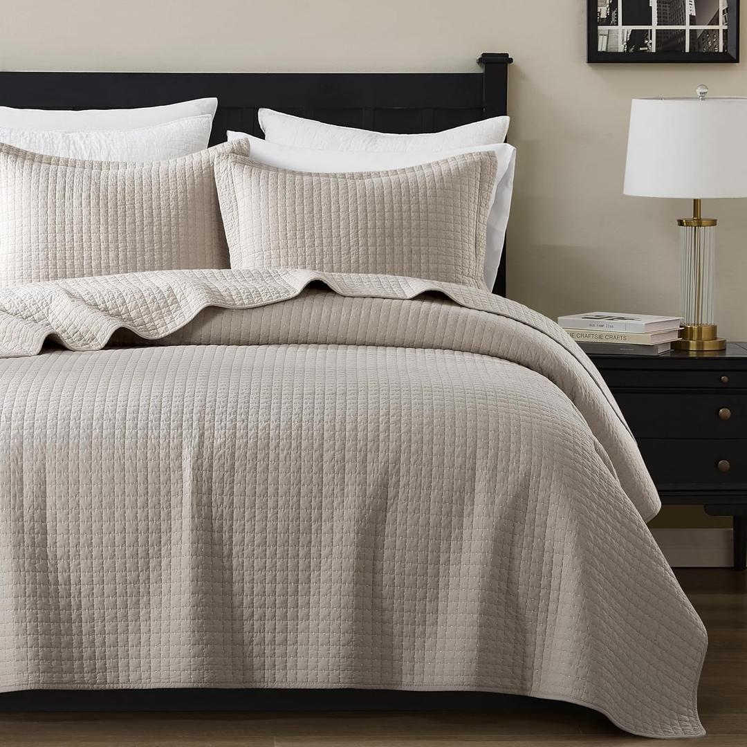 WDCOZY 100% Cotton Queen Size Quilt Set - Beige Box Pick Stitch Soft Lightweight Bedspread, Textured Like Linen, Farmhouse Country Rustic Coverlet, Shabby Chic Gauze Bedding, 3 Pieces (Full/Queen (90"x96"))