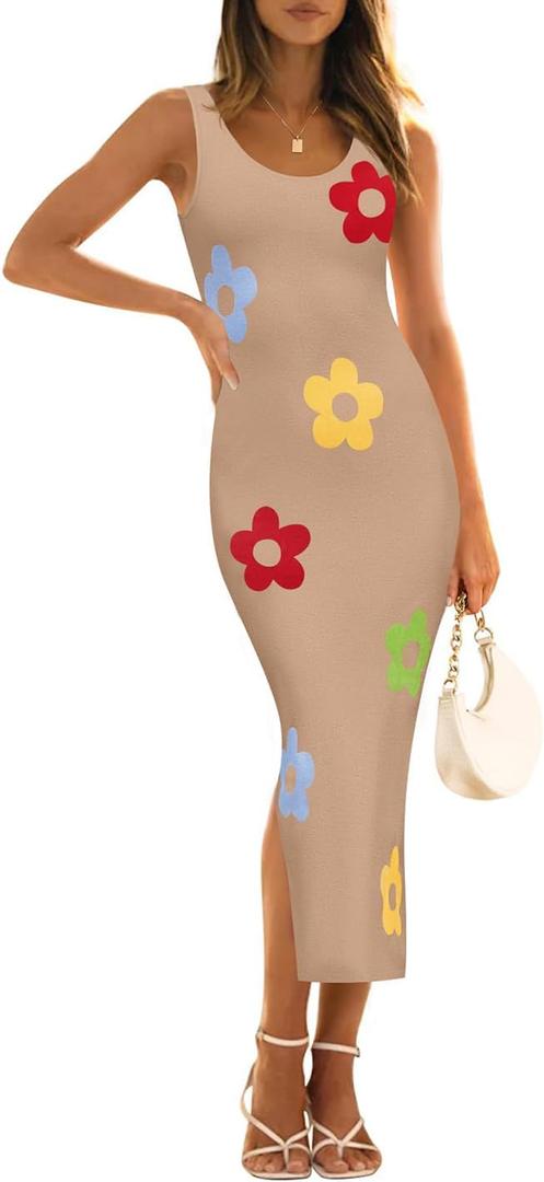 ZESICA Women's Summer Knit Bodycon Midi Dress 2026 Sleeveless Floral Crewneck Color Block Long Beach Party Dresses (M)