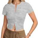 Curvphilo Womens V-Neck Tops Double Zipper Short Sleeve T Shirts Y2K Crop Tops Business Casual Going Out Tops, M