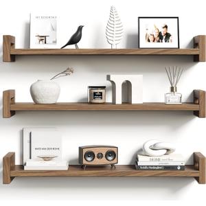 Upgraded Floating Shelves for Wall, Set of 3 Solid Wood Wall Mounted Shelves, 23.6" Rustic Walnut Display Shelf for Bedroom, Living Room, Bathroom, and Kitchen Decor - Heavy-Duty & Natural Pine