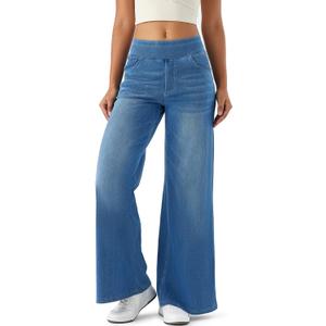 Women's High Rise Wide Leg Jeggings - Stretch Pull On Jeans-Style Pants, Soft Denim with Pockets (Medium, Medium Blue)
