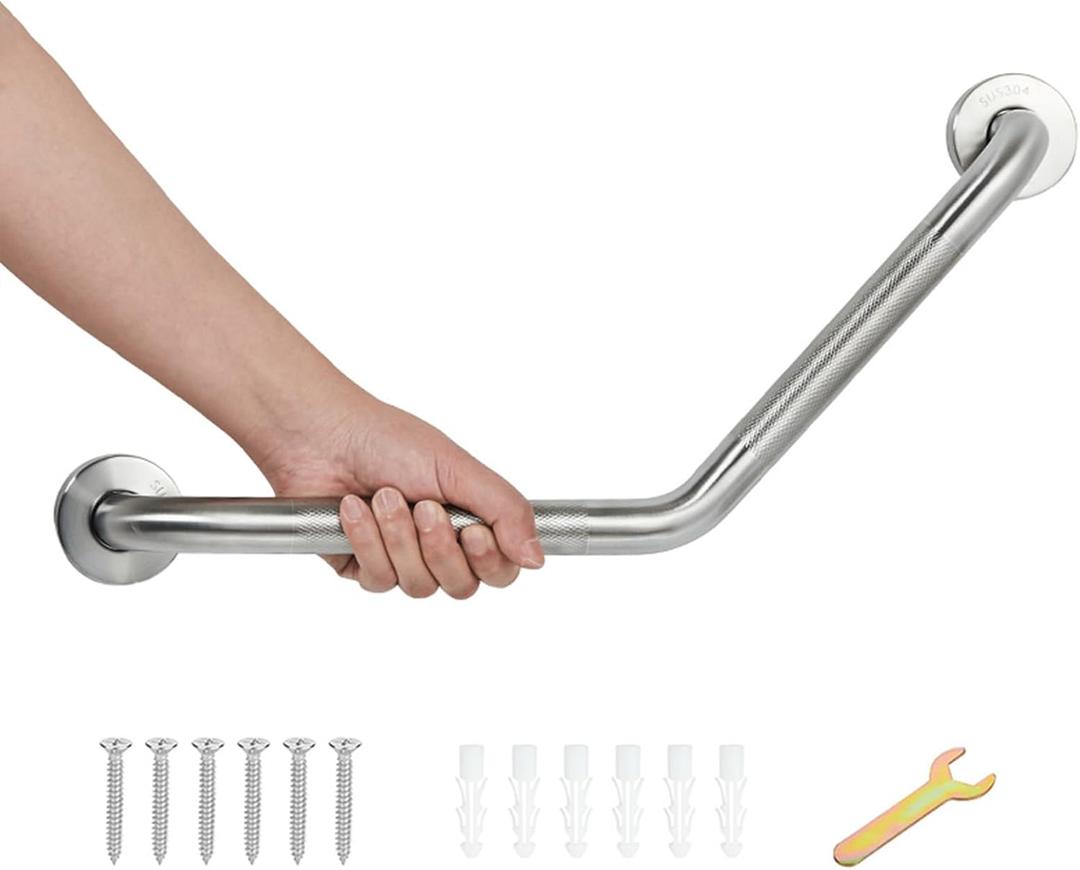 20 Inch Bathroom Grab Bar, Satin Brushed Nickel Angled Grab Bar with Anti-Slip Knurled Grip, Stainless Steel Bath Balance Bar, 1.0" Tube Safety Hand Rail Support, Handicap Elderly Assist Bath Handle