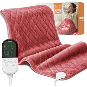 Electric Heating Pad for Pain Relief - 35"x20" King Size, Soft Velvet, Moist & Dry Heat, Adjustable Temperature, Auto Shut-Off, Machine Washable, Ideal for Back, Neck, Shoulder & Menstrual Cramps (Red)