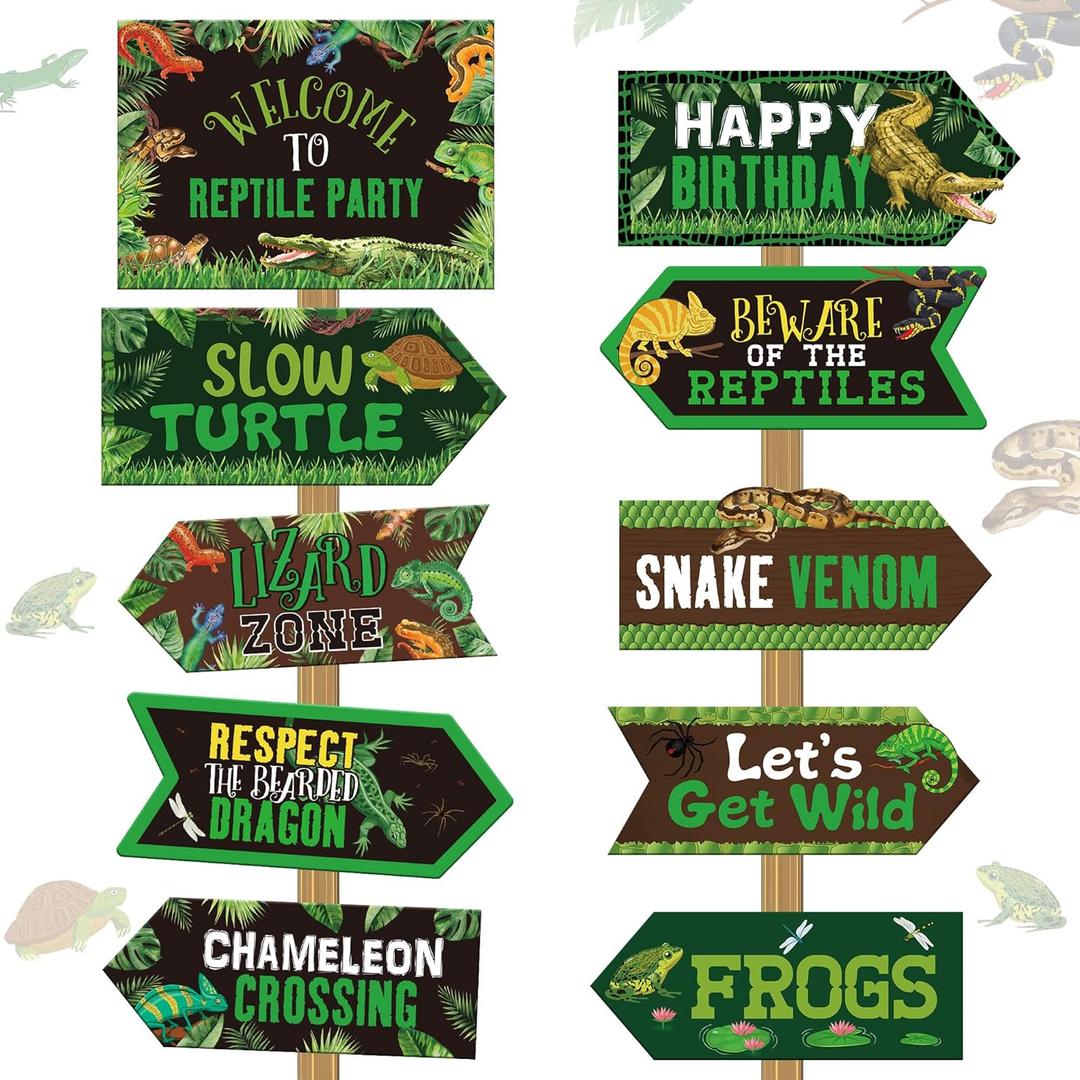 Outus 20 Pieces Reptile Birthday Party Decorations Lizard Snake Turtle Alligator Themed Directional Sign, Jungle Wild Yard Sign for Boy Girl Kid Decorations Party decor, 10 Styles