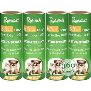 6.3 inch Lint Roller Refills Only for 6.3'' Large Lint Rollers Extra Sticky Lint Pet Hair 6.3 inch Replacement Rolls, Pack of 4 Refills, 90 Sheets per Refill, 360 Sheets Total