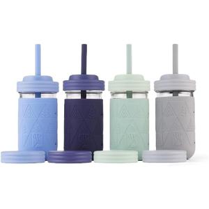 Elk and Friends Kids + Toddler Glass Cups | The Original 12oz Glass Mason Jar with Sleeves + Lids | Silicone Straws + Stopper | Smoothie Cup | Food Storage | Spill Resistant | Dishwasher Safe | 4 Pack, Color: Sage/Navy/MistyBlue/Gray