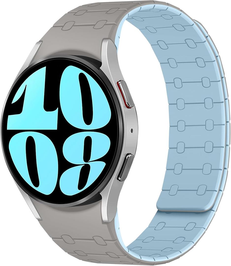 Amizee No Gap Bands Compatible with Samsung Galaxy Watch 7 6 5 4 FE Band 40mm 44mm/Watch 6 Classic 43mm 47mm/Watch 5 Pro 45mm/Watch 4 Classic, 20mm Magnetic Silicone Strap for Women Men, Khaki/L-Blue