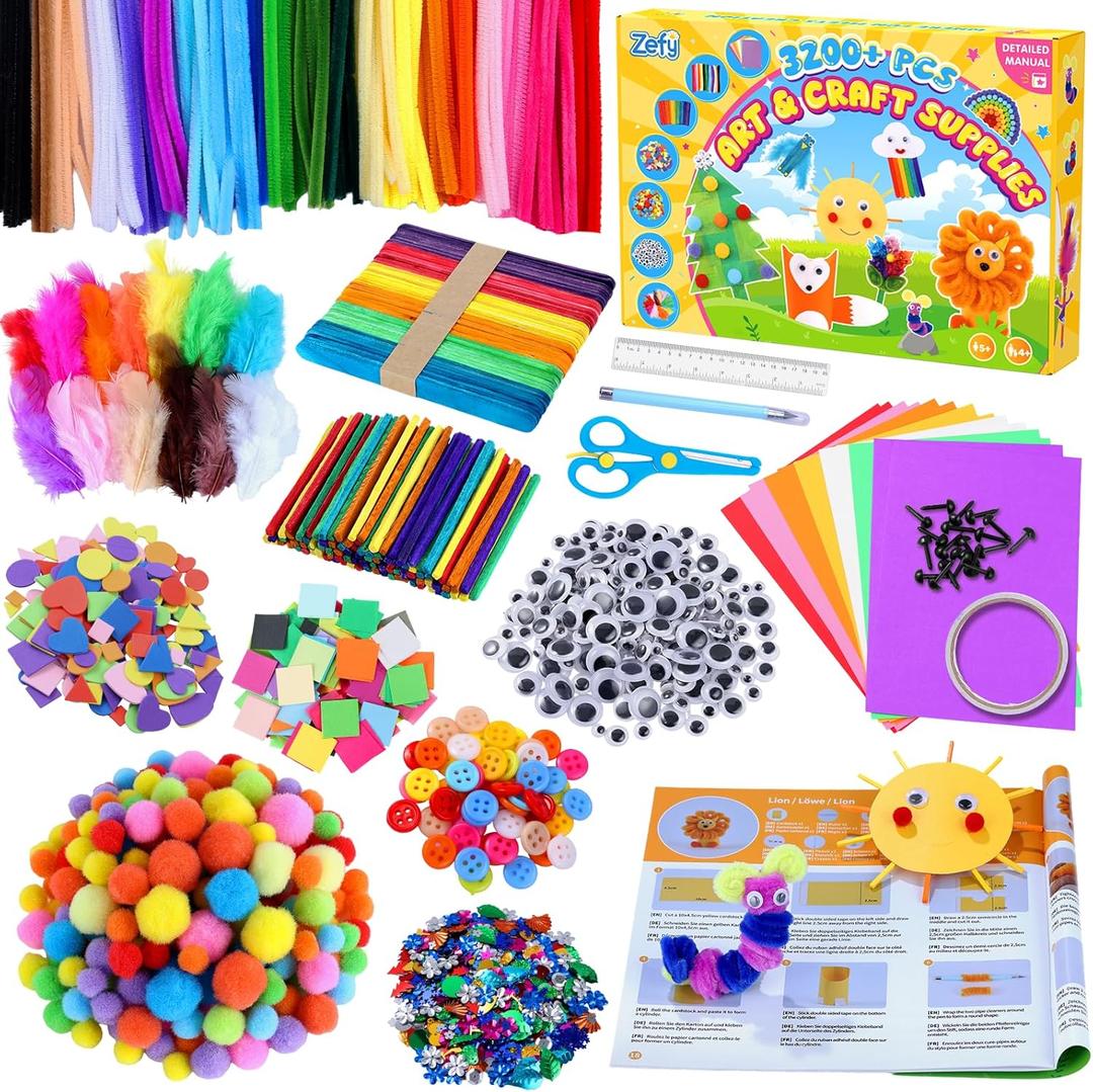 Zefy 3200+ Pcs Arts and Crafts Supplies for Kids, All in One Craft Kits with 12 Crafts Design, DIY School Supplies Kit Craft Box Easter Gifts for Girls Boys Ages 4-12