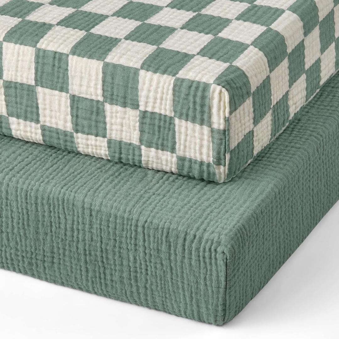 Blissful Diary Muslin Mini Crib Sheets, Pack and Play Mattress Sheets Fitted for Pack N Play, Soft Cotton for Boys Girls, 2 Pack(Sage Checkboard & Sage Green)