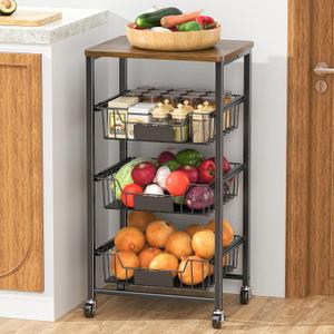 Kitchen Storage Cart with Wheels, 4-Tier Metal Utility Rolling Cart Fruit Vegetable Storage Basket Pantry Rack with Wood Top & Pull Out Baskets for Kitchen, Livingroom, Dining room, Office