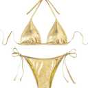 GORGLITTER Women's Metallic Triangle Bikini Top Halter Tie Side Swimsuit Set 2 Piece Bathing Suits Gold S
