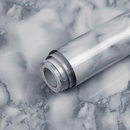 Qianglive White and Gray Marble Contact Paper Glossy Peel and Stick Wallpaper Countertop Furniture Waterpoof Self Adhesive Removable Wall Paper Kitchen Livingroom Bathroom Cabinet 17.5"x80", Set of 2