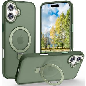 Magnetic for iPhone 16 Case with Ring Stand, [10 FT Drop Protection] [Velvety Touch] Slim Translucent Matte Back Shockproof Phone Case for iPhone 16 6.1'', Midnight Green