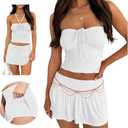 Hafailia Summer Two Piece Outfits for Women Y2K Going Out Tie Ruched Tube Crop Tops Low Rise Pleated Mini Skort Skirt Sets (Large, White)