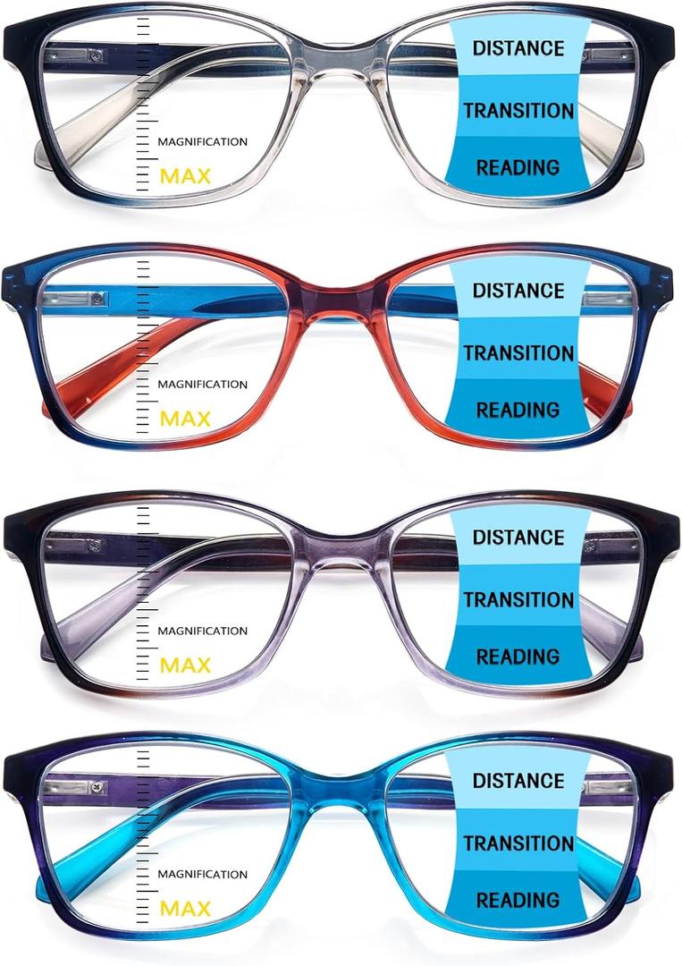 4 Pack Progressive Multifocus Reading Glasses for Women Men Spring Hinge Blue Light Blocking Readers (Mix)